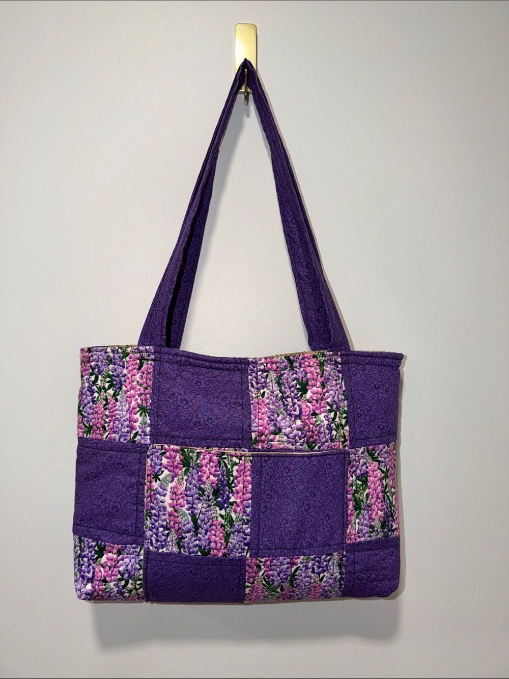 Purple White Pink Green Brown Blooms Floral Square Quilted Tote Bag